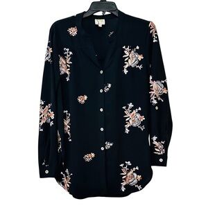 Anthropologie Fig & Flower Black Button Down Blouse w/ Floral Embroidery Size M